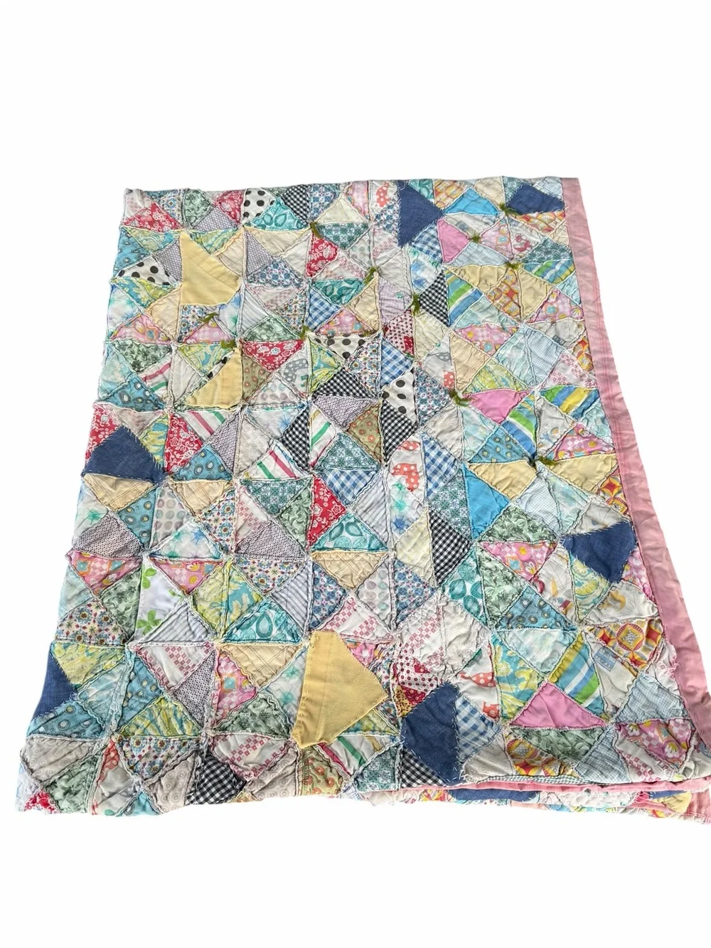 Vintage Scrappy Patchwork Quilt Hand Sewn Feedsack Textured Pastels 53x69 READ